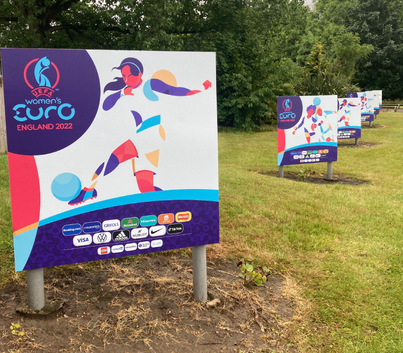 External ground mounted 2 post branded signage for Women’s Euro 2022 installed Impression, Bolton