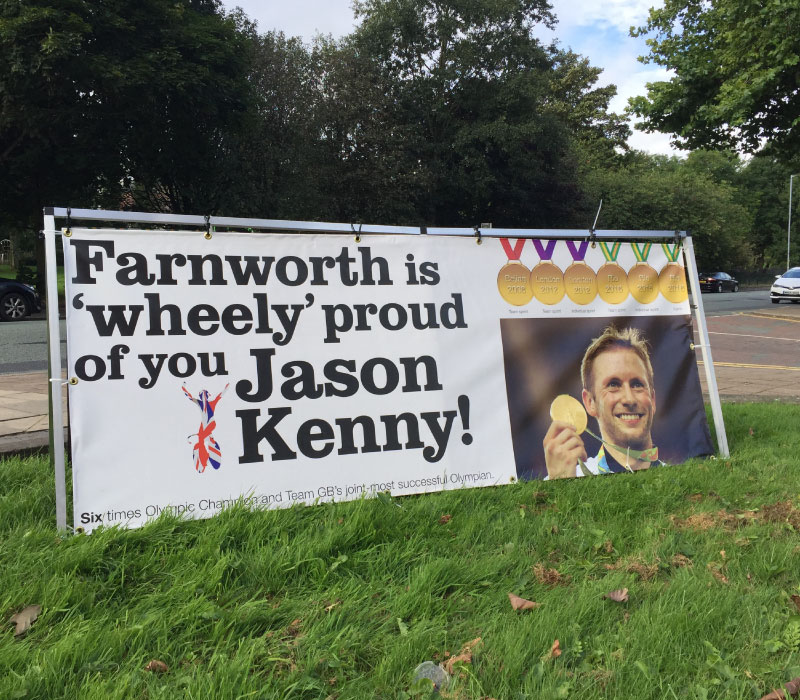 Large external banner printed & installed for Bolton Olympian, Jason Kenny, in Farnworth by Impression